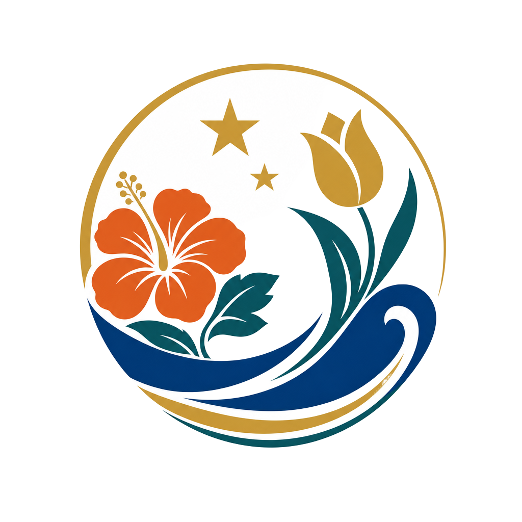 59xUnfiltered logo — hibiscus, ocean wave and tulip uniting Suriname, Curaçao and the Netherlands
